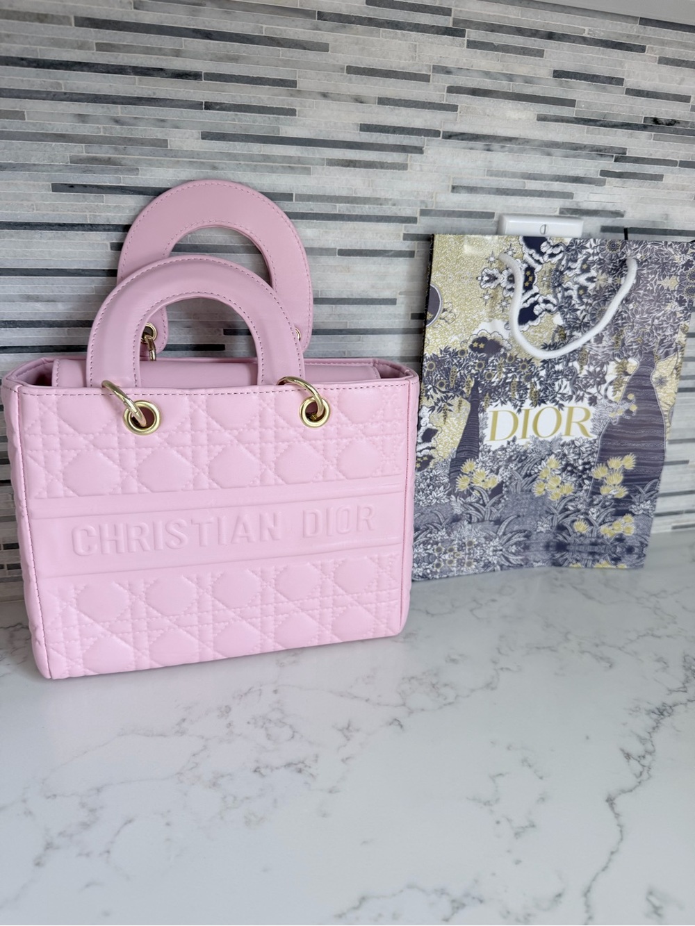 Pastel Pink Quilted Lady Tote with Gold Hardware